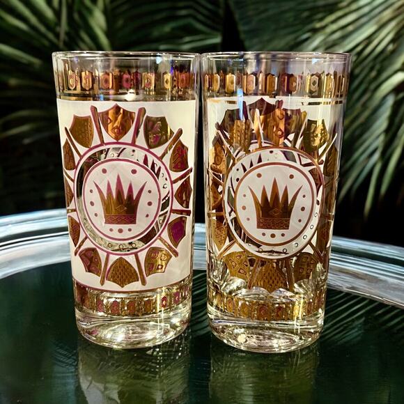 Mid Century Highball Glasses-Crown Shield-Gold-Vintage Barware-MCM-Set of 7 - Picture 2 of 4